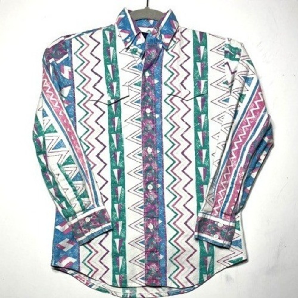 Wrangler Vintage Brushpopper Boys Aztec Button Front Western Shirt Sz 12